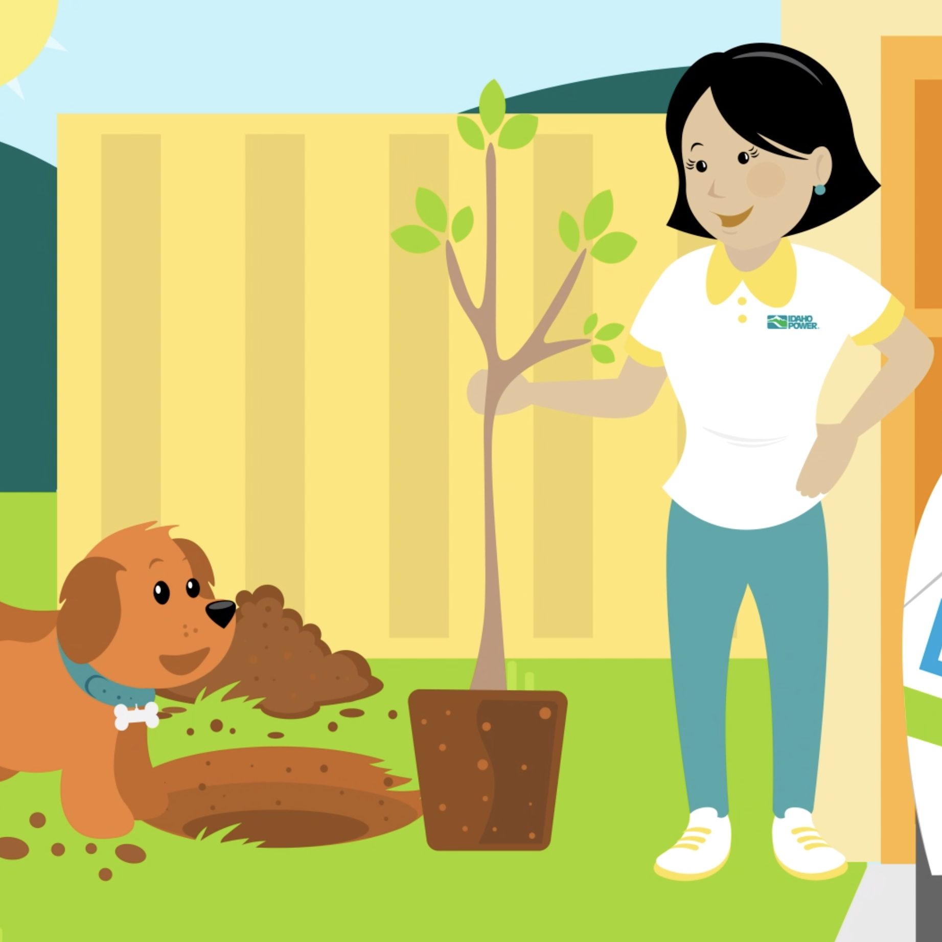 Illustration of Julie and Watt planting a tree.