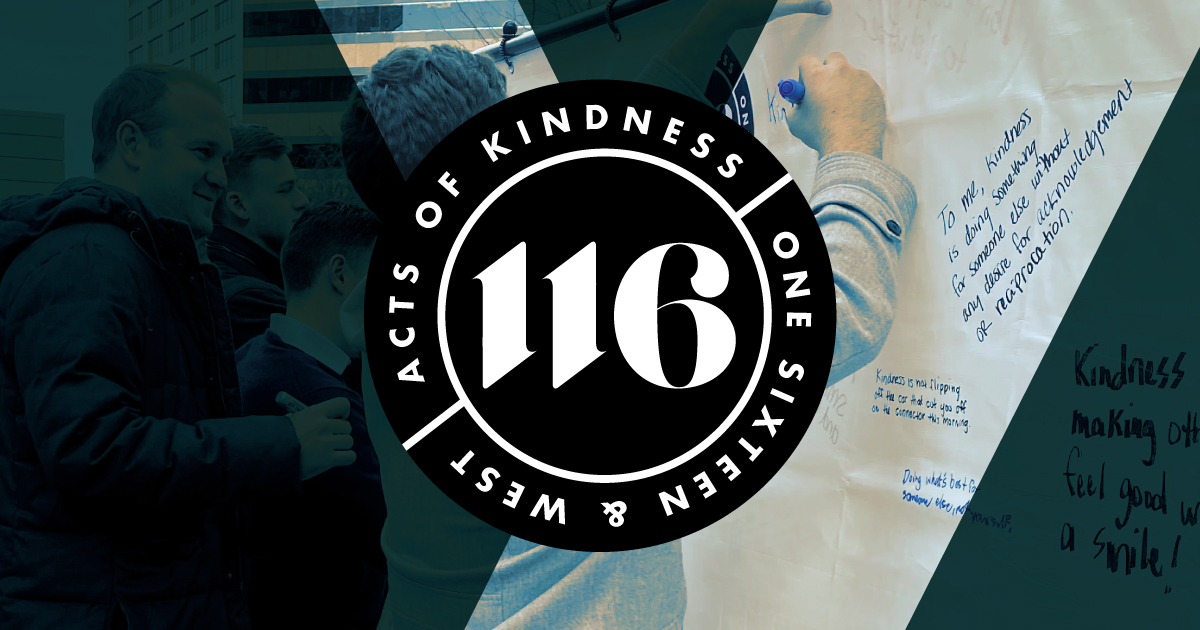 Rectangular image of people signing a large posterboard with a green overlay. The middle of the image features a seal that says "116 acts of kindness" and "one sixteen & west."