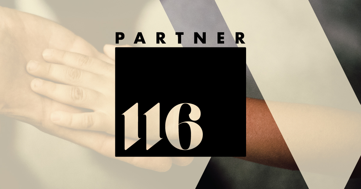 Rectangular photo. Hands about to embrace in a handshake. In the middle of the image there is a Partner116 logo.