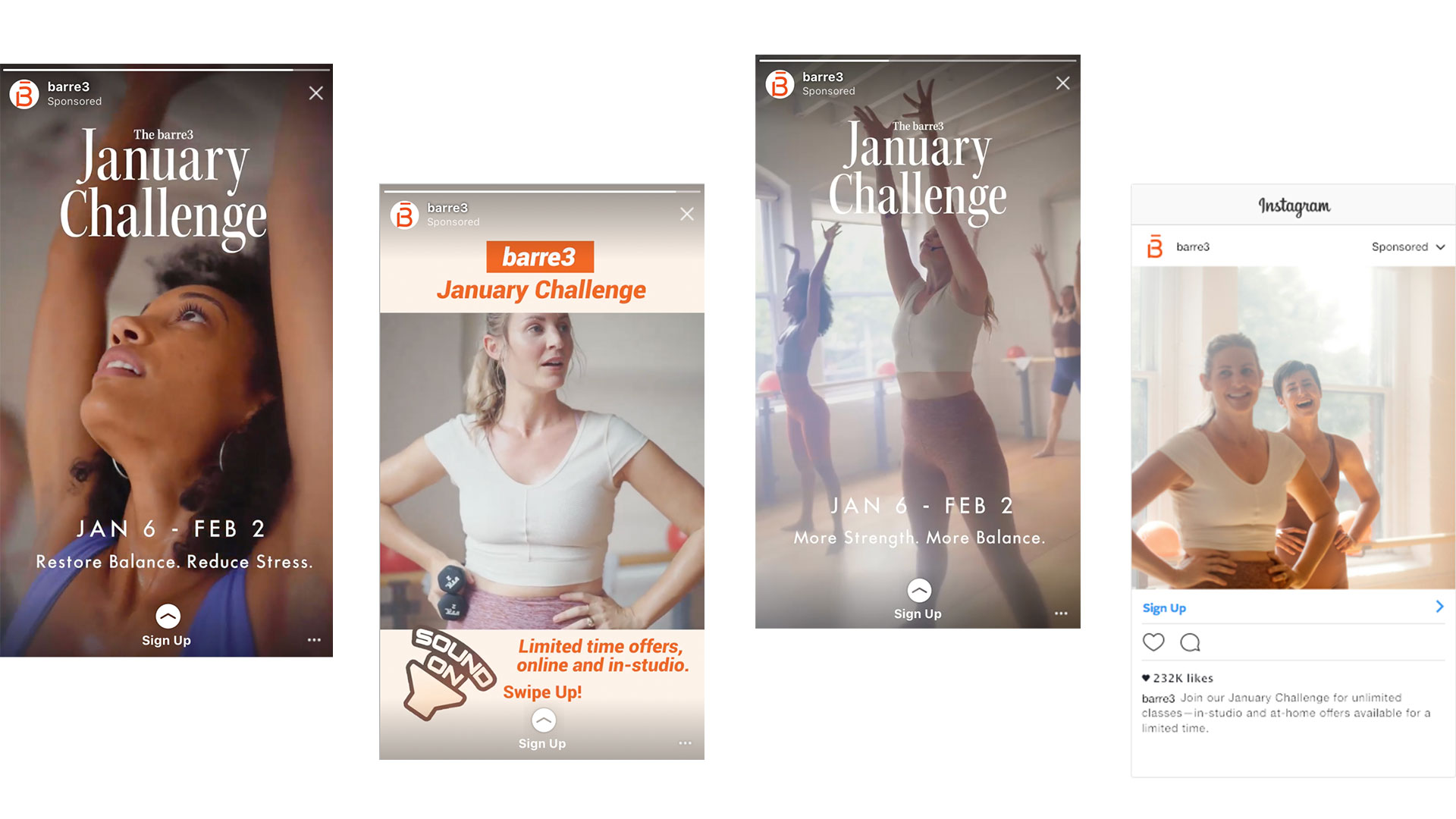 Examples of the barre3 paid social ads as a part of their January Challenge campaign.