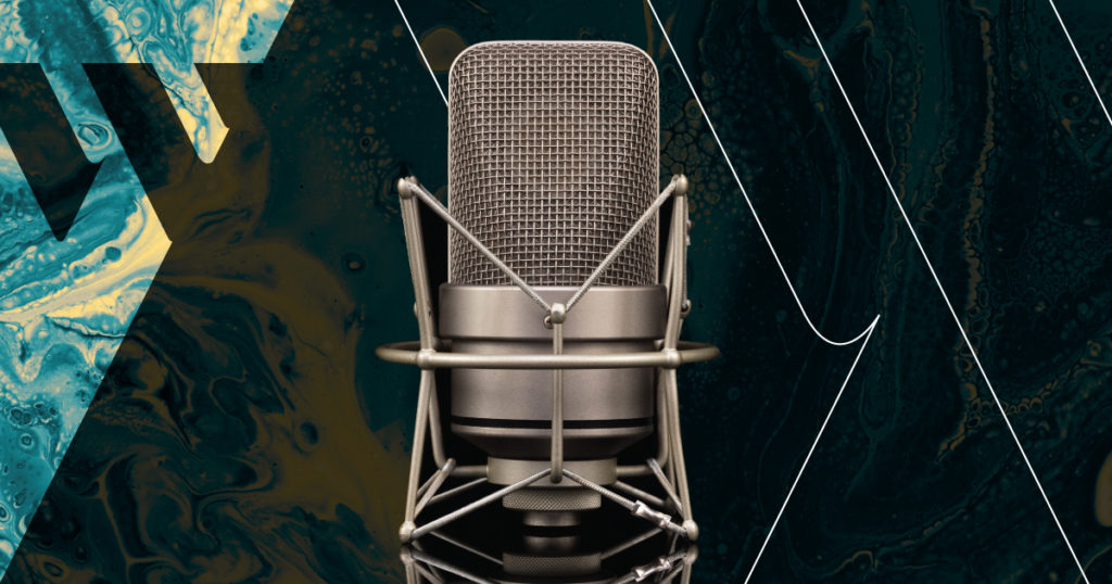 Rectangular image. Microphone featured in the center of the image. Blue/yellow/green swirly texture present on the top left corner of the frame, black W visible on top of the texture. The rest is black.
