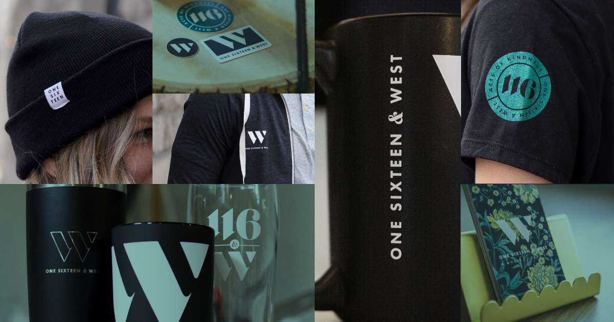 Rectangular, collage-style image. Top left-right: photo of a beanie on a woman's head, branded stickers, branded hoodie, branded mug, branded tee shirt. Bottom left to right: branded tumbler, mug, and pint glass, branded business cards.