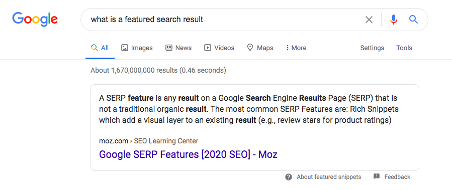 Rectangular image. Screen shot of a "what is a featured search result" Google search. The answer reads: "A SRP feature is any result on a Google Search Engine Results Page (SERP) that is not a traditional organic result. The most common SERP Features are: Rich Snippets which add a visual layer to an existing result (e.g. review stars for product ratings)"