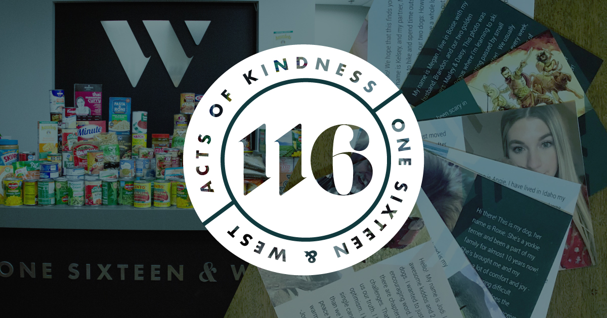 Rectangular image. Left side of the frame features a photo of canned foods on a desk. Right side of the frame features cards splayed out in a circle. Center of the image features the 116 Acts of Kindness logo.
