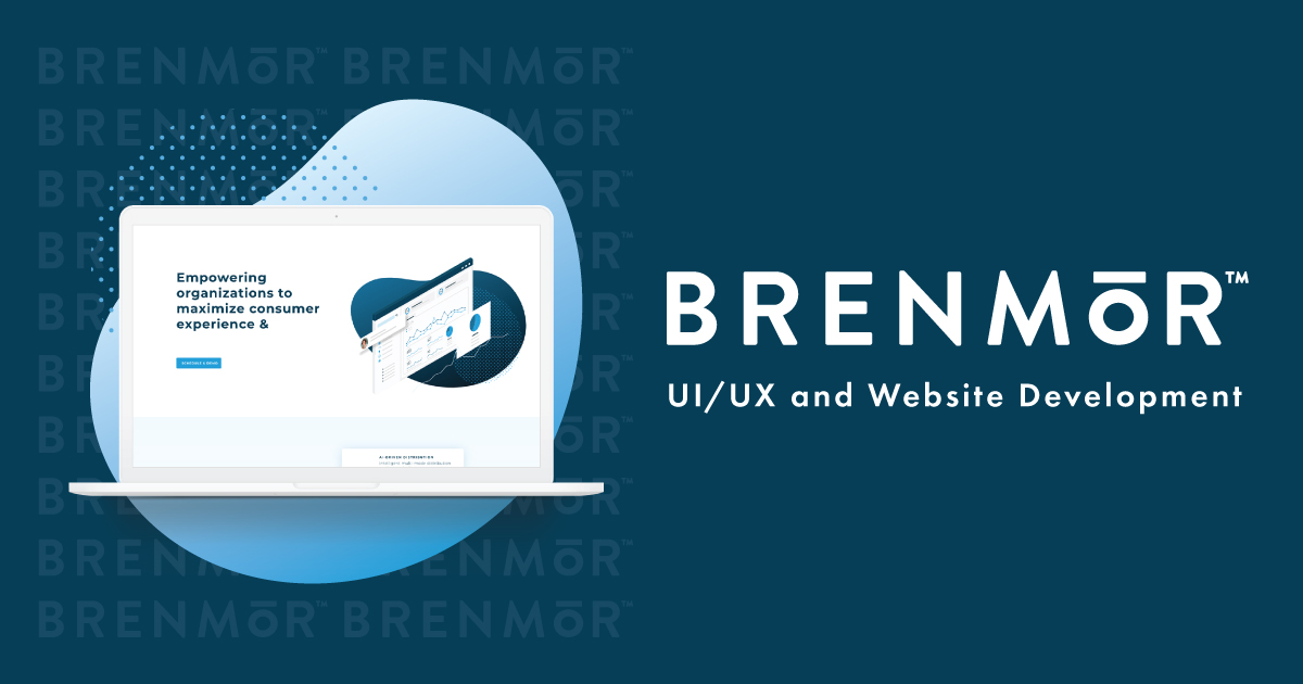 rectangular-shaped image, blue background. on the left of the frame there is a laptop with the copy "empowering organizations to maximize consumer experience &." The laptop is in front of a blob shape and some light blue dots, there is also subtle text in the background that reads "brenmor" several times. On the right side of the frame, there is copy that reads "brenmor UI/UX and website development"