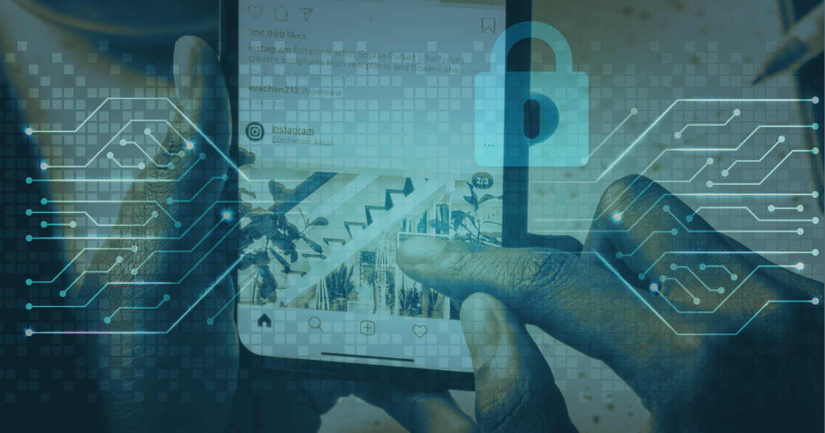 Rectangular image. Mostly blue hues. Center of graphic: finger evidently scrolling on a phone. Light blue overlay of a lock and some Matrix-esque lines.