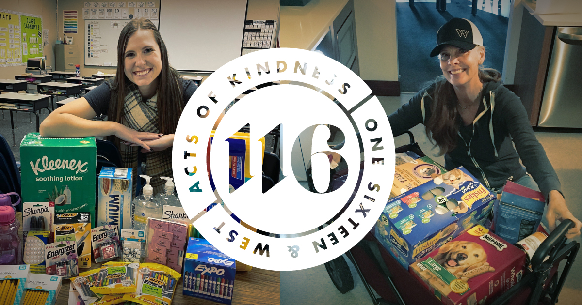 Rectangular, split image. On the left, a teacher in a classroom poses in front of a pile of school supplies. On the right, Christelle poses in front of a wagon full of pet food and treats. In the center of the image, there is the 116 Acts of Kindness seal in white.