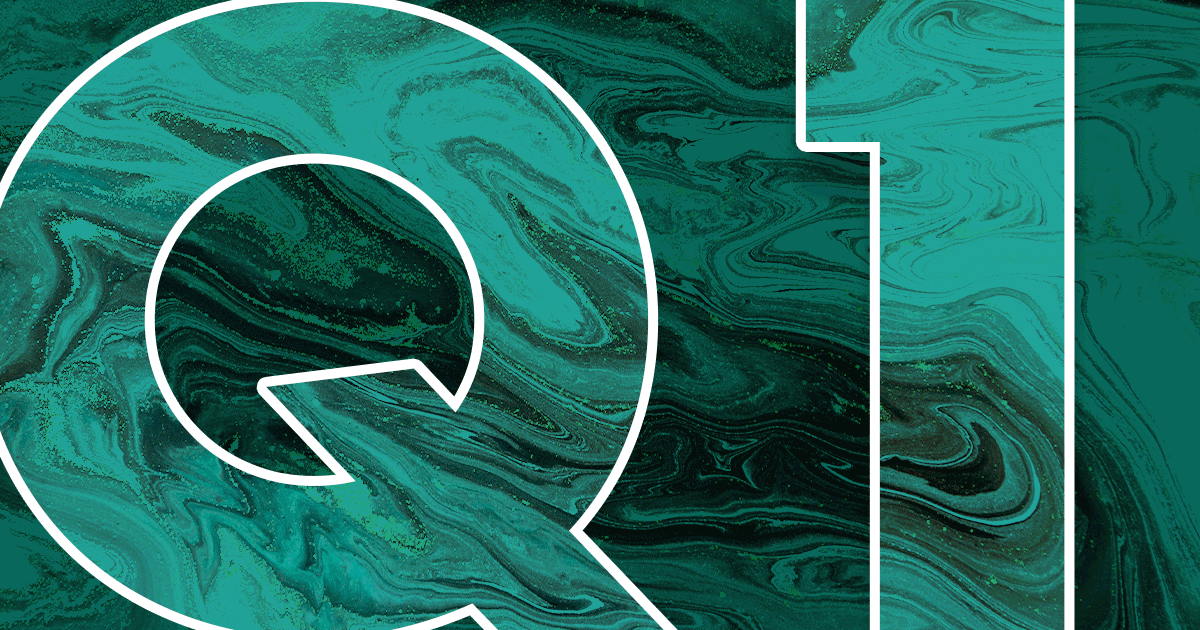 Rectangular image, gif file. Green, swirly texture. White outlined letters: Q1. The '1' shifts to a '2,' and then finally a '3.'