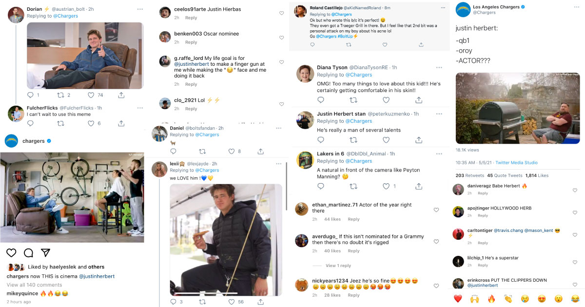 rectangular image - compilation of Instagram and Twitter reacting to the Justin Herbert commercial