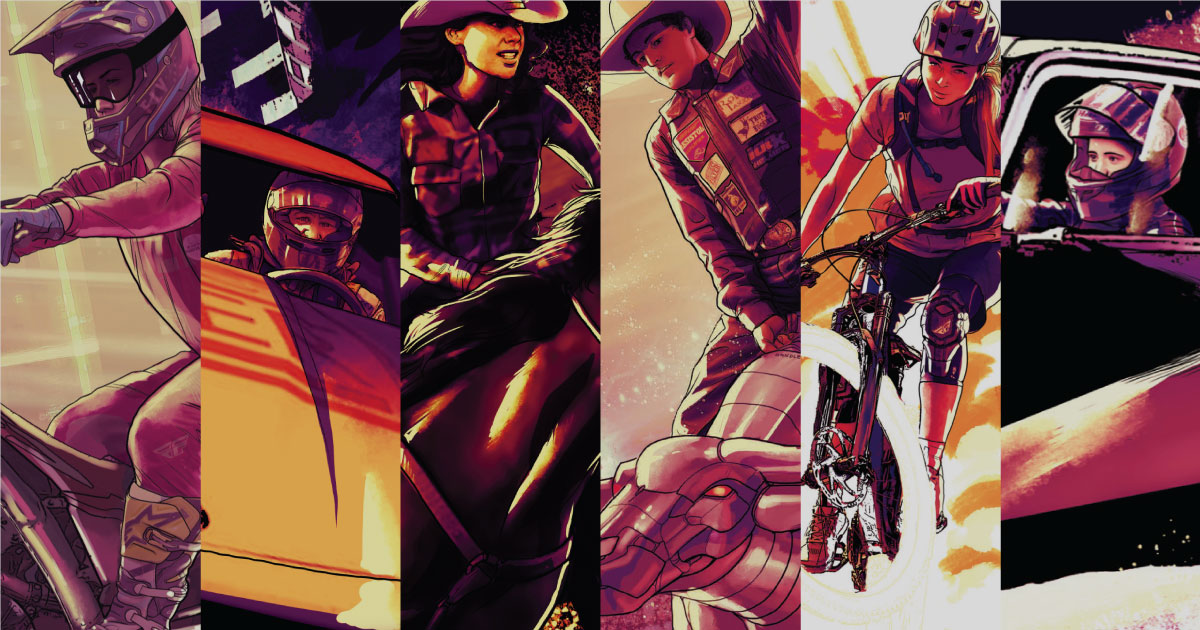 Rectangular image, illustration style. From left to right: a motocross rider, a car racer, a barrel racer, a bull riders, a mountain biker, and a drag racer.