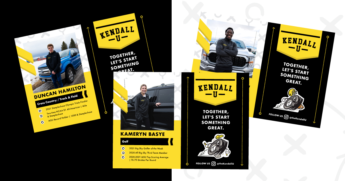 Over a black and white backgraound, there are images with collegiate athletes. Athletes are outlined with the color yellow and the "Kendall U" logo. Under the athletes are some of their stats.