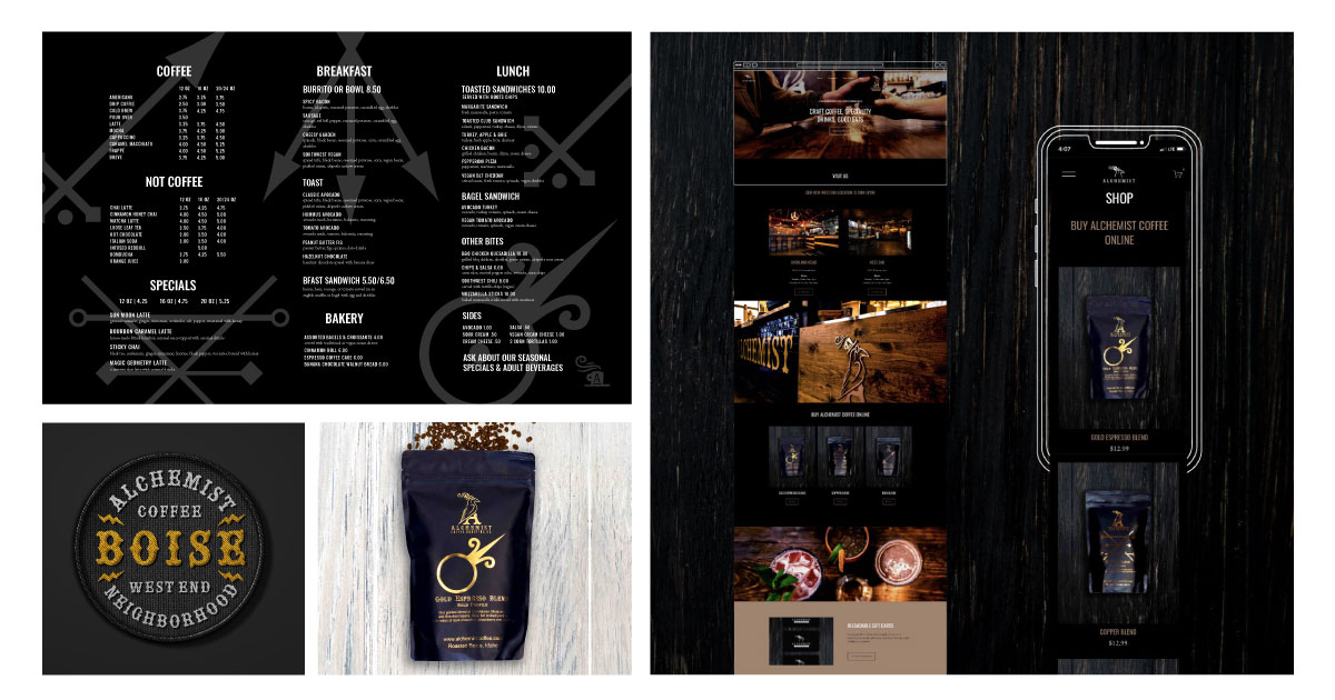 Rectangular image, mostly black/dark. Top left features a menu, bottom right is a fabric patch, middle bottom is a bag of coffee, and the right side of the frame features different web page mock ups, and a cell phone mock up.