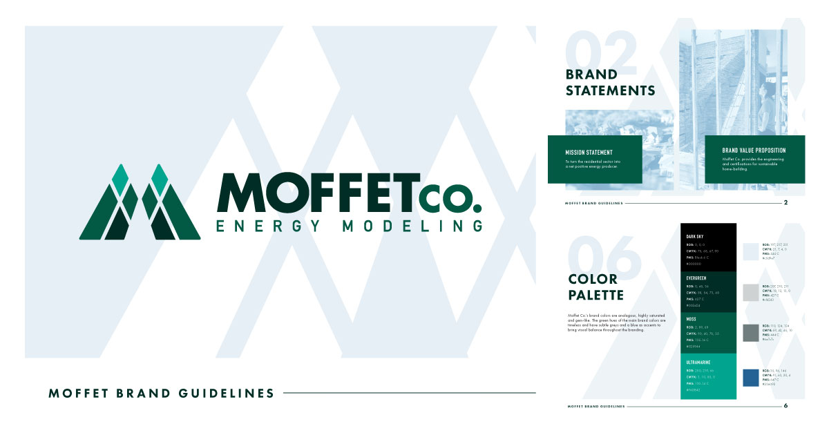 Rectangular image. Legible copy on left side of the frame reads "MOFFET CO. ENERGY MODELING." Legible copy on the right of the frame reads "Brand statements" and "color palette"