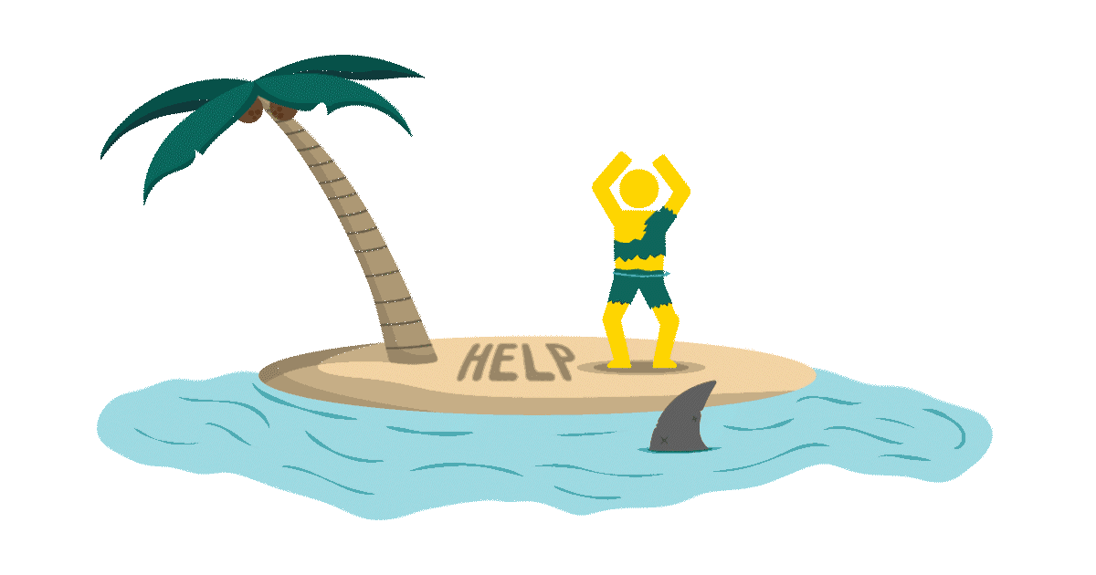 Yellow cartoon character with no face wearing ripped green clothing waving for helps with arms in the air on and island with palm tree and the word "help" written in the sand. Shark swimming around island.