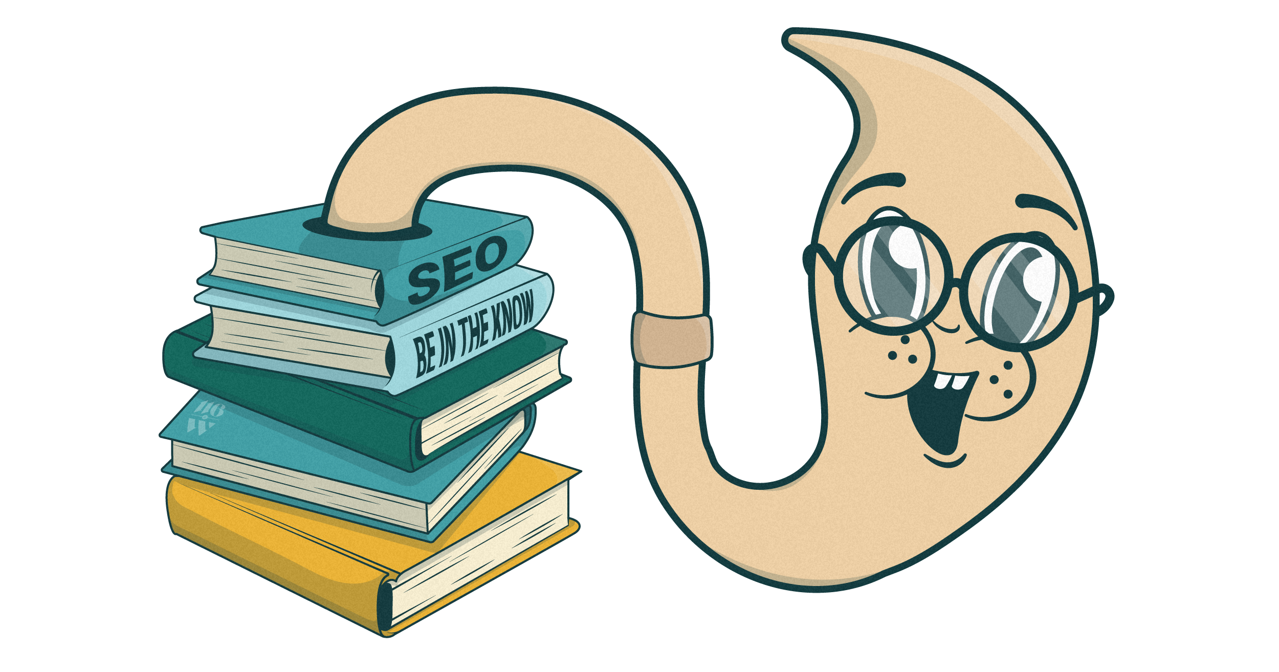 cartoon of a worm poking out of a pile of books labeled "SEO" and "Be in The Know"