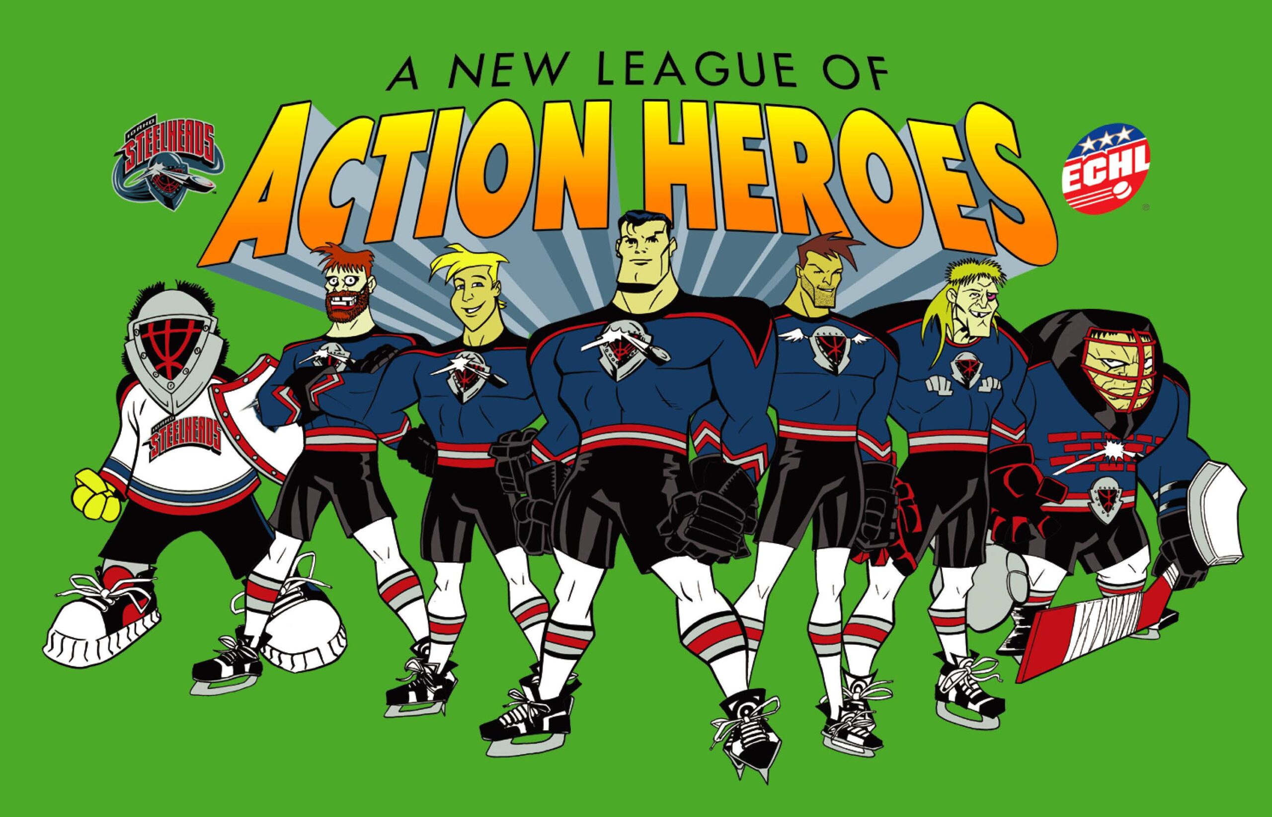 7 cartoon Idaho Steelhead hockey players posed as Action Heros designed by The Steelies Ad agency in Boise Idaho, 116 & West