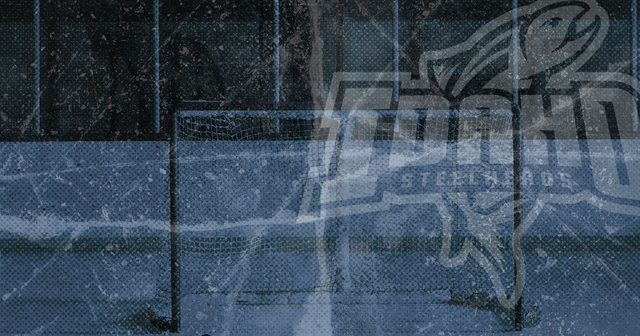 Idaho Steelheads logo on top of a photo of a hockey rink with a dark blue filter on top.