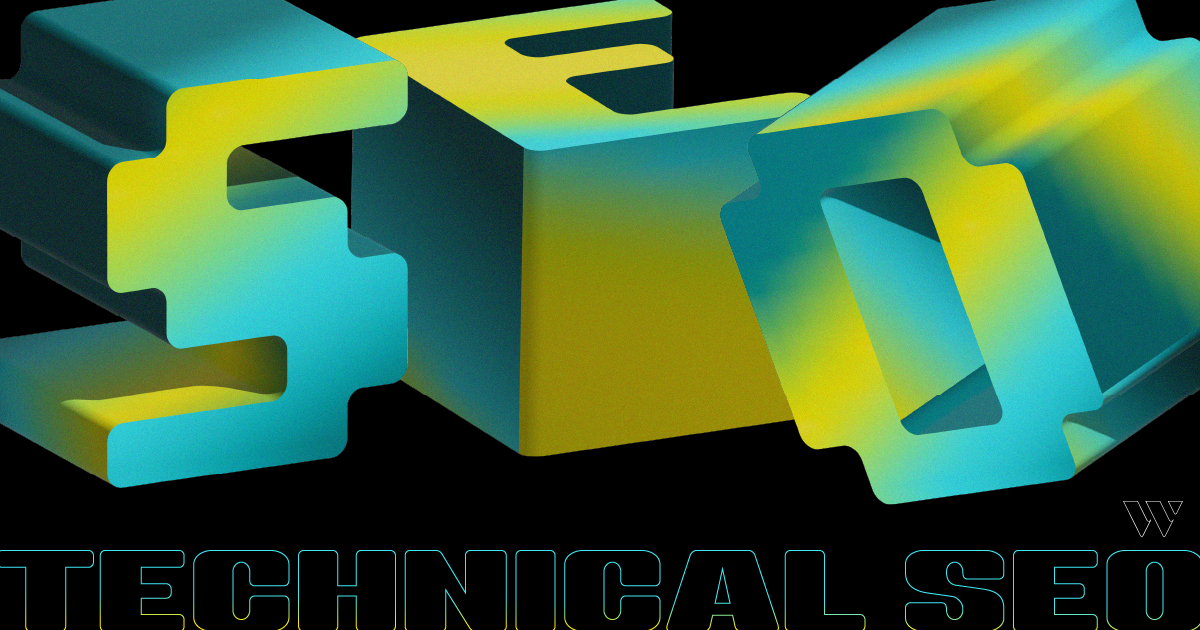 Black background with blue and yellow block letters "Technical SEO"