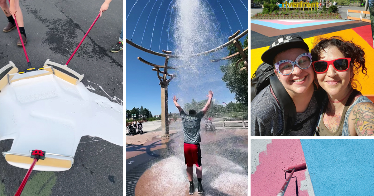 collage of 4 photos of people painting a road, playing in water, and a selfie