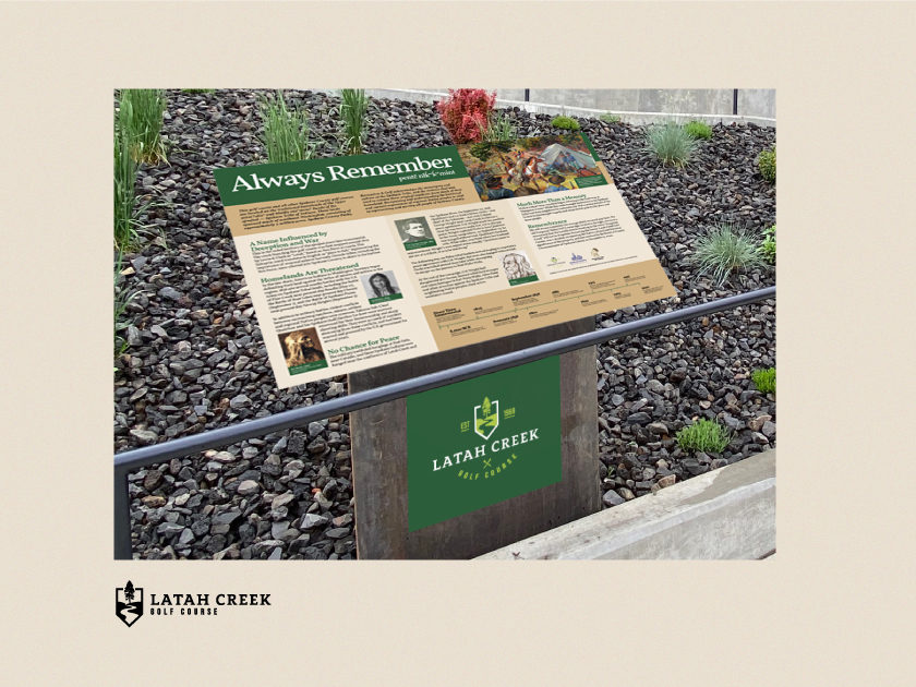visuals of the Latah Creek Golf Course logo, and interpretive sign designed by 116 & West
