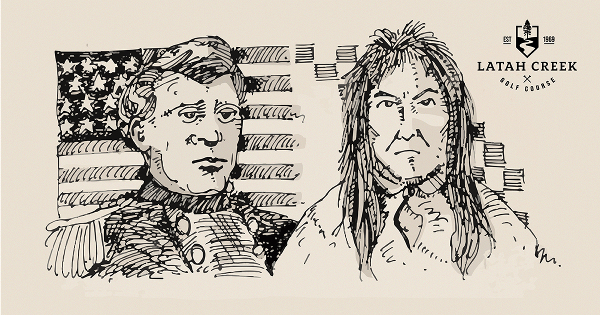hand drawn portraits of Colonel Wright and Yakama chieftain Qualchan next to Latah Creek Gold Course new logo designed by 116 & West