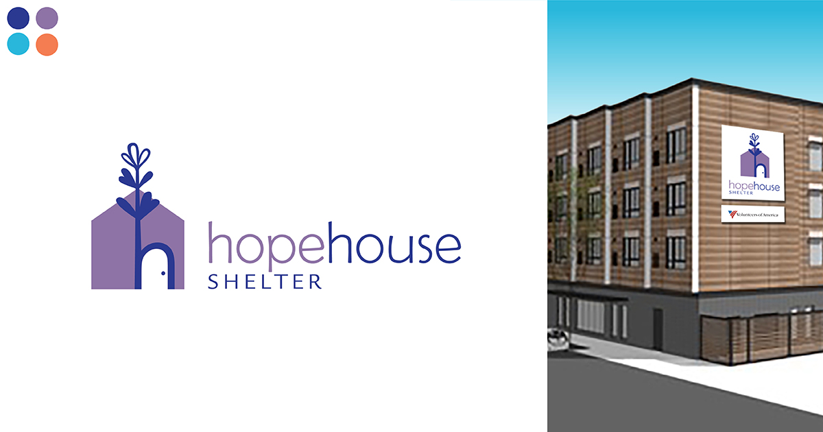 hope house shelter of spokane washington logo and mock up of signage on building