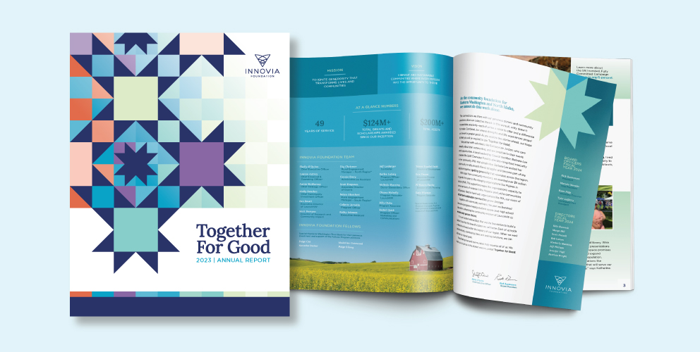 The cover and sample spreads of the Innovia Foundation 2021 Annual Report